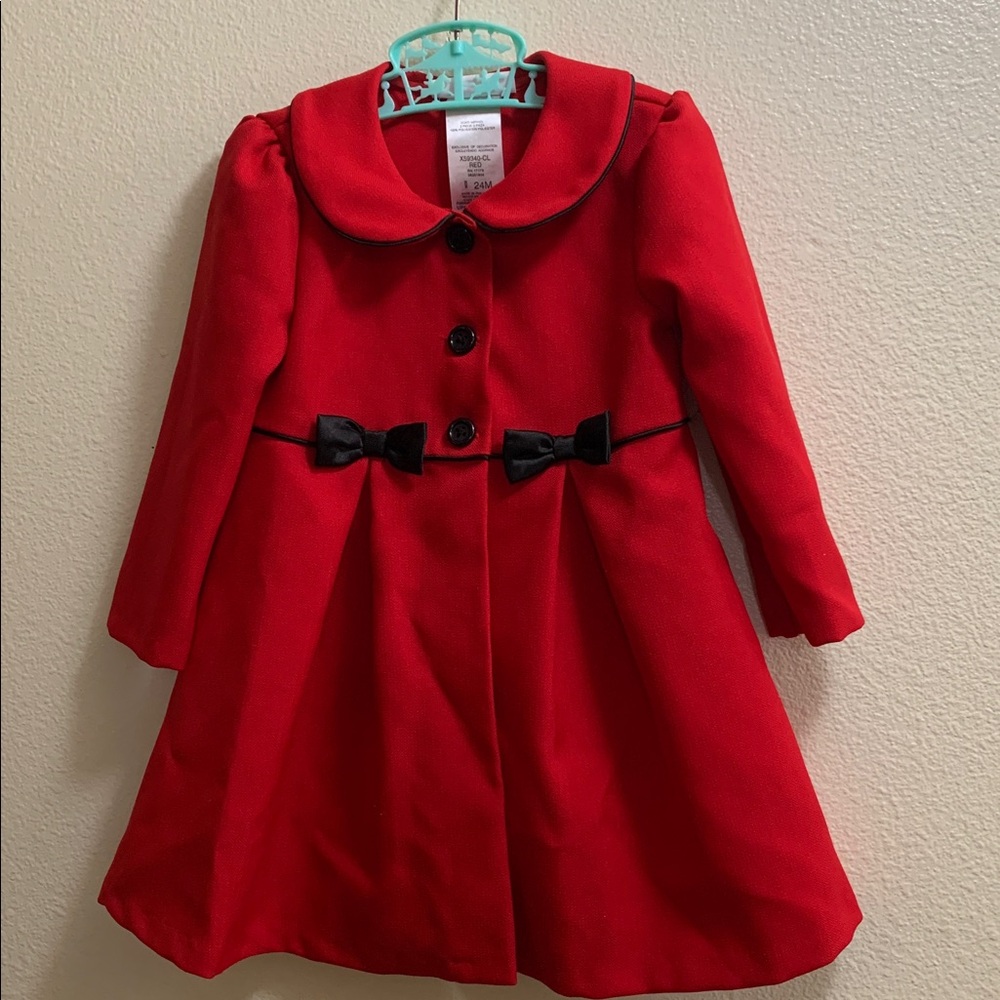 Bonnie Baby Red Valentine’s Day Pea Coat Size 24 Months Black Bows Christmas